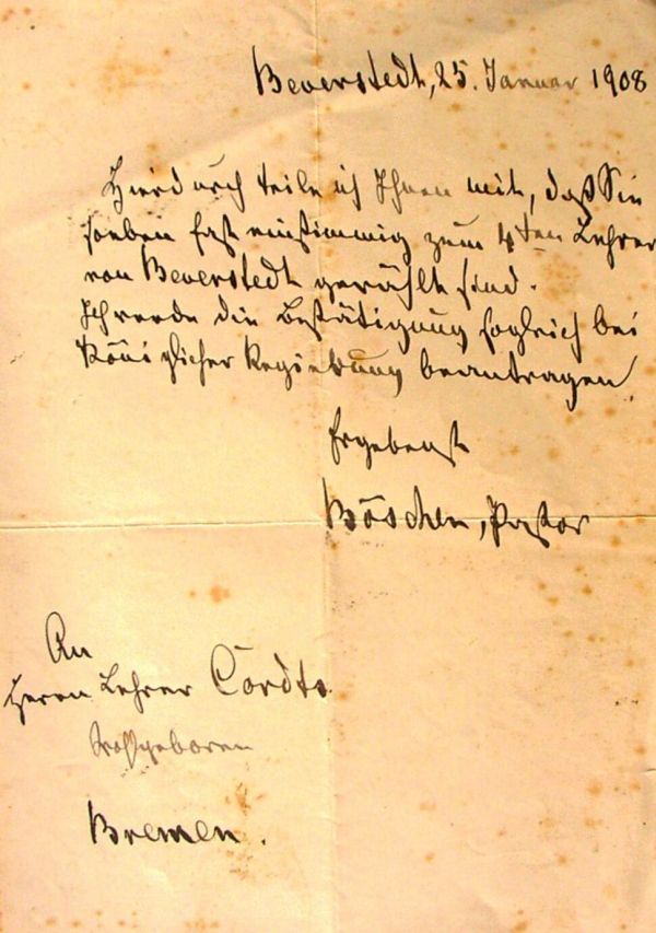 Brief zur Anstellung von Cordts in Beverstedt